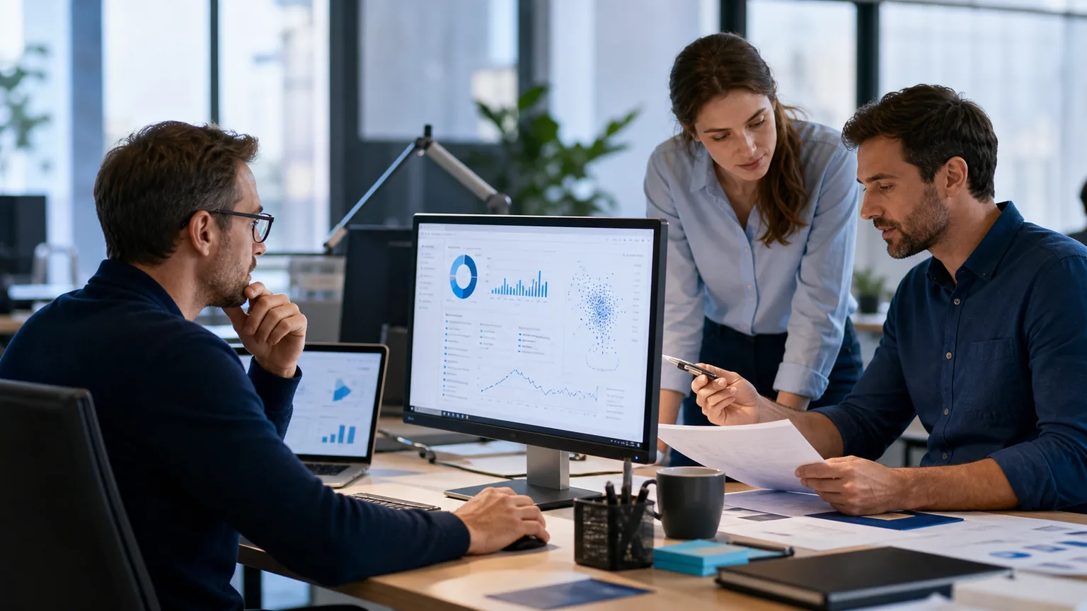 Office professionals reviewing AI-assisted workflow results and verifying the findings together