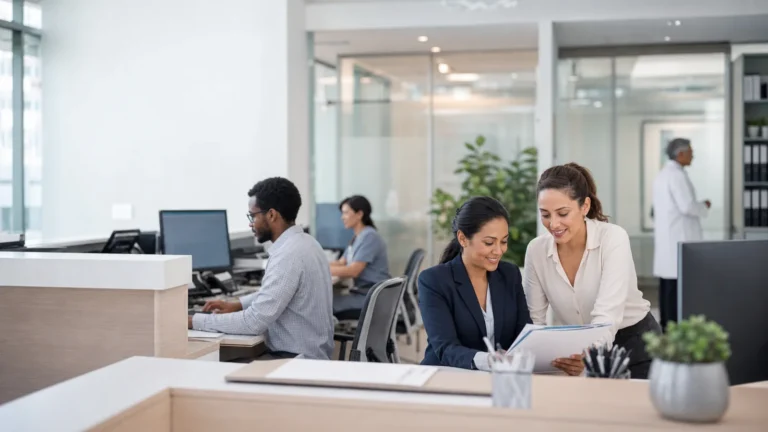 Healthcare office professionals managing records and patient administration in a modern clinic
