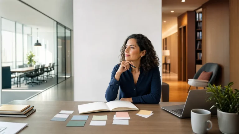 Mid-career professional planning a 90-day career change at a modern office desk