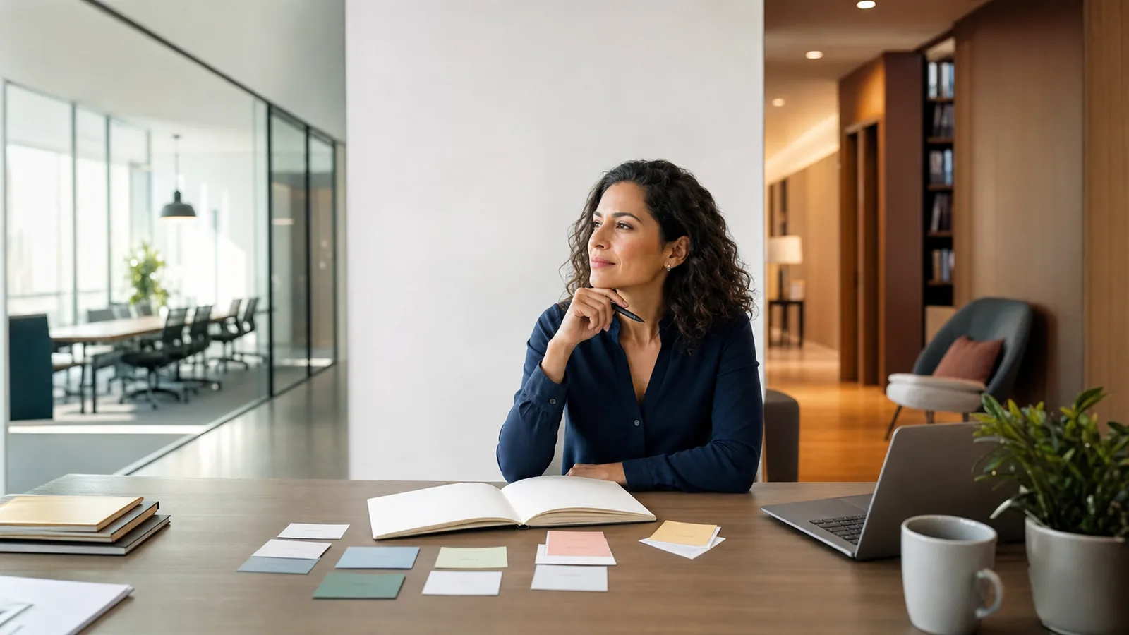 Mid-career professional planning a 90-day career change at a modern office desk