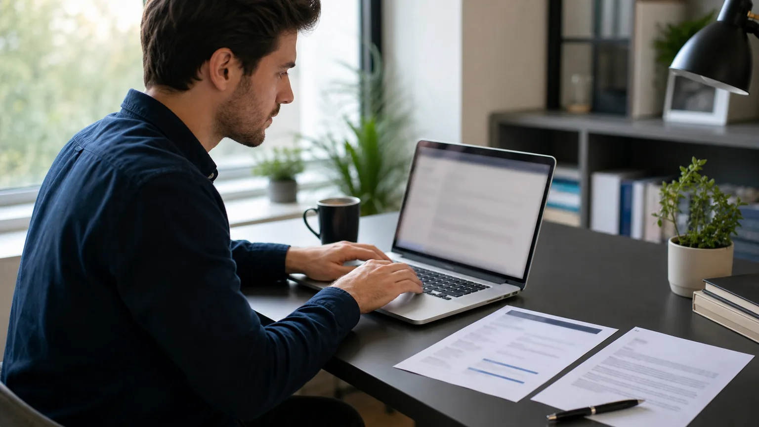 Job seeker drafting a tailored cover letter beside a resume and job description