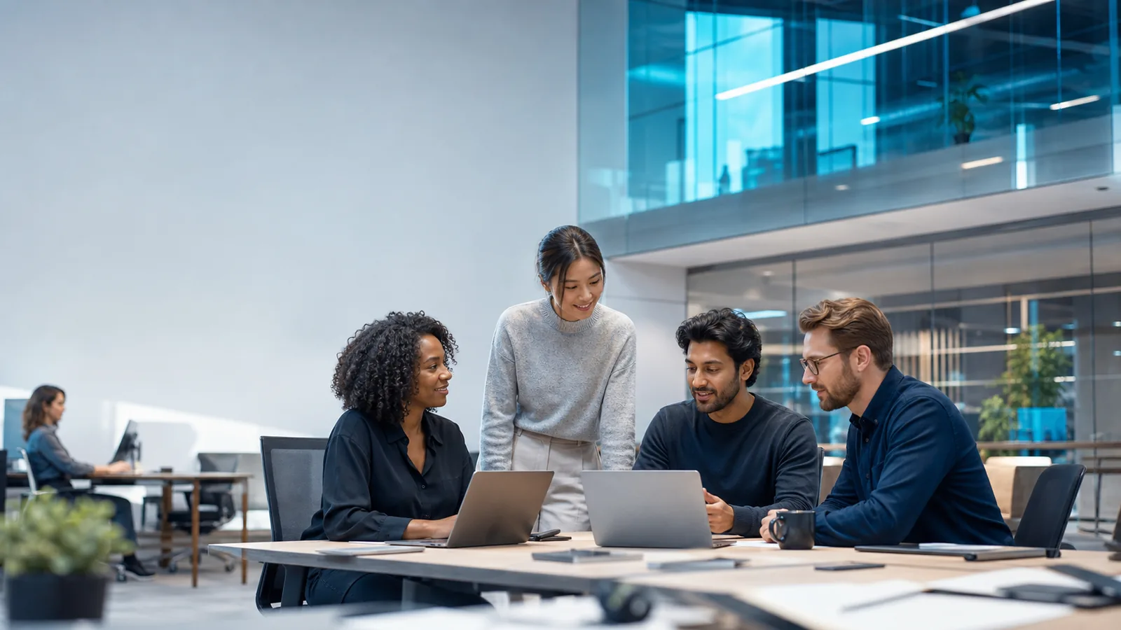 Technology professionals collaborating in a modern hybrid workplace for a Microsoft company review