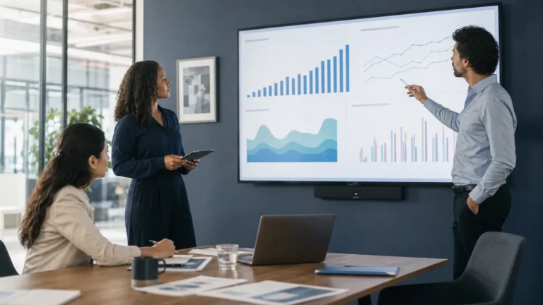 Office professionals studying employment outlook charts and workforce trends on a large screen