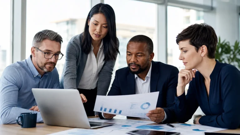 Office professionals reviewing career paths and salary data together at a modern workplace