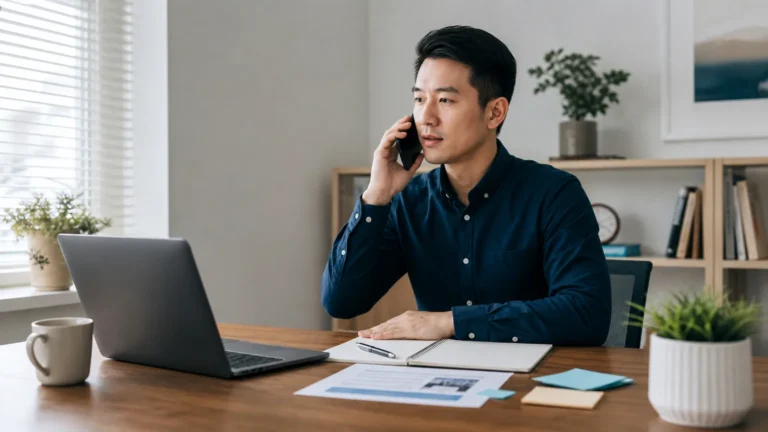 Job candidate taking a professional phone interview with organized notes in a quiet workspace