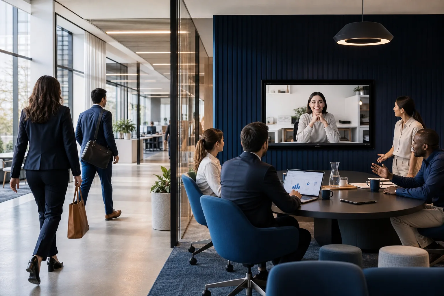 Hybrid employees returning to a modern office while a remote colleague joins a team meeting