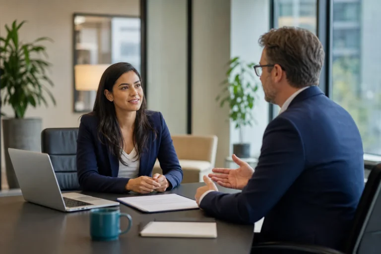 Job candidate discussing a salary offer with a hiring manager in a modern office