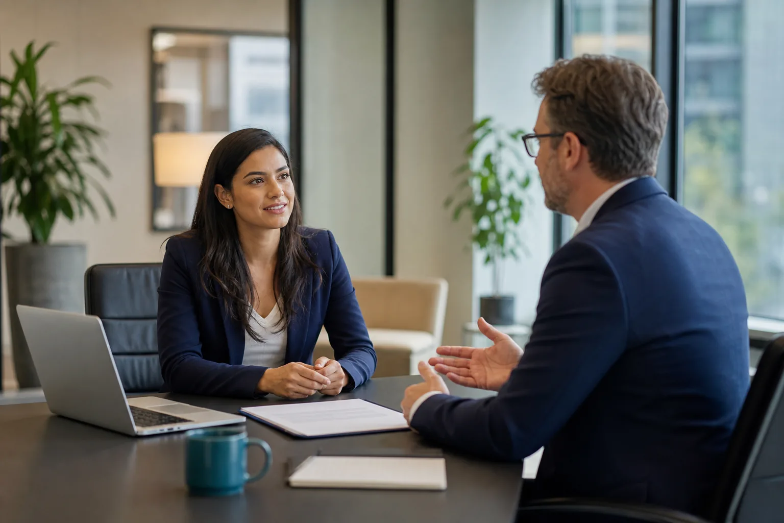 Job candidate discussing a salary offer with a hiring manager in a modern office