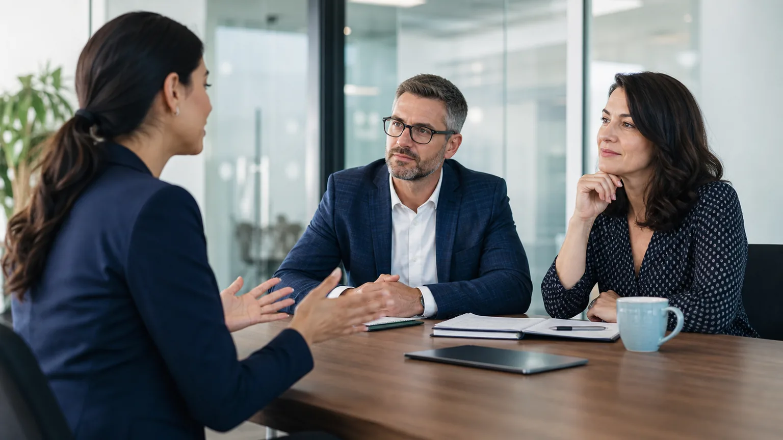 Job candidate giving a confident behavioral interview answer to two hiring managers