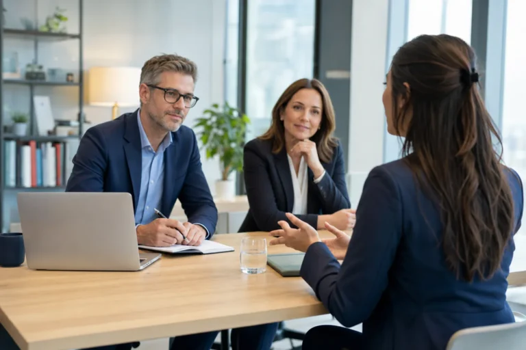 Job candidate confidently answering tell me about yourself during an office interview