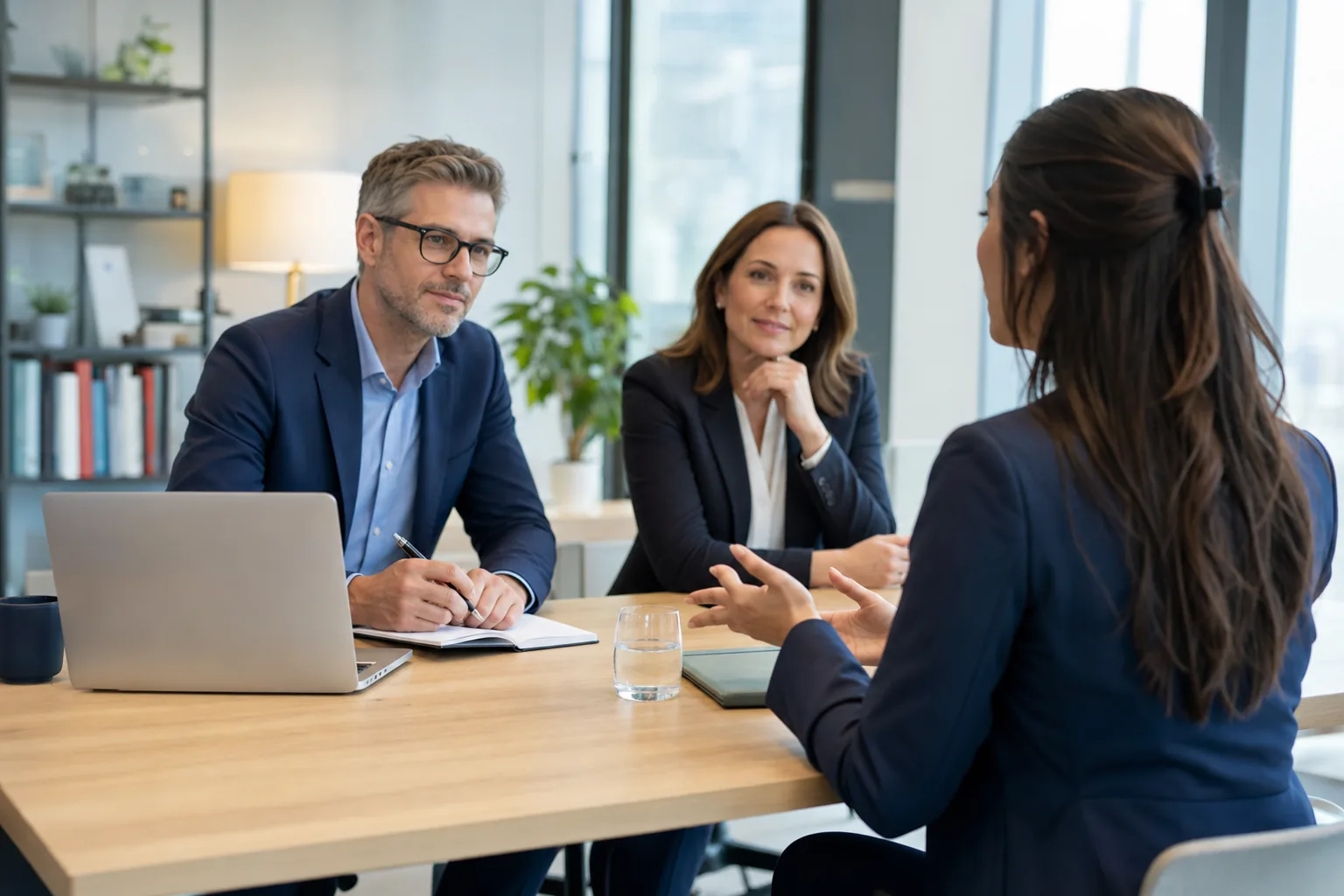 Job candidate confidently answering tell me about yourself during an office interview