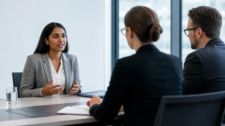 Confident job candidate answering why should we hire you during a professional interview