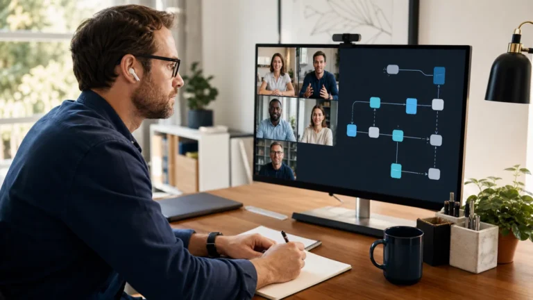 Remote professional collaborating with a distributed automation team from a focused home office
