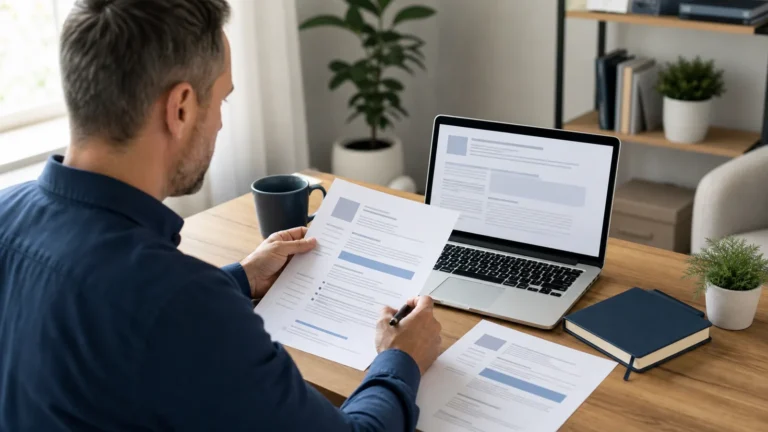 Job seeker reviewing an ATS-friendly resume beside a laptop in a professional workspace
