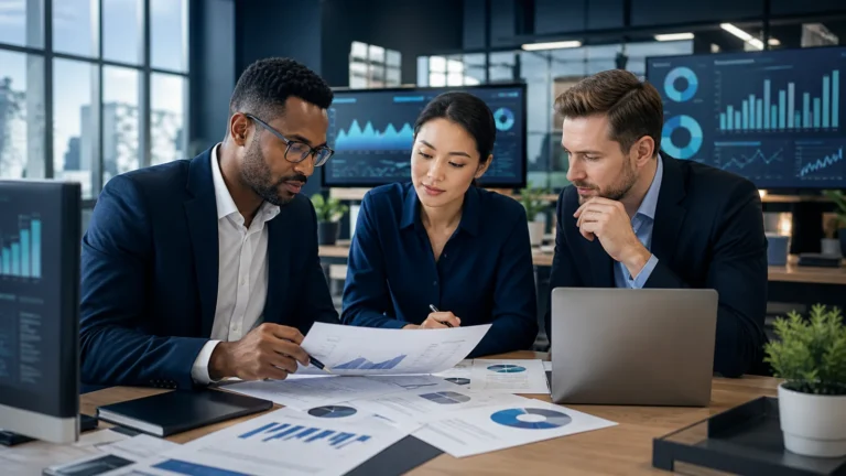Finance office professionals reviewing reports and account data in a modern workplace