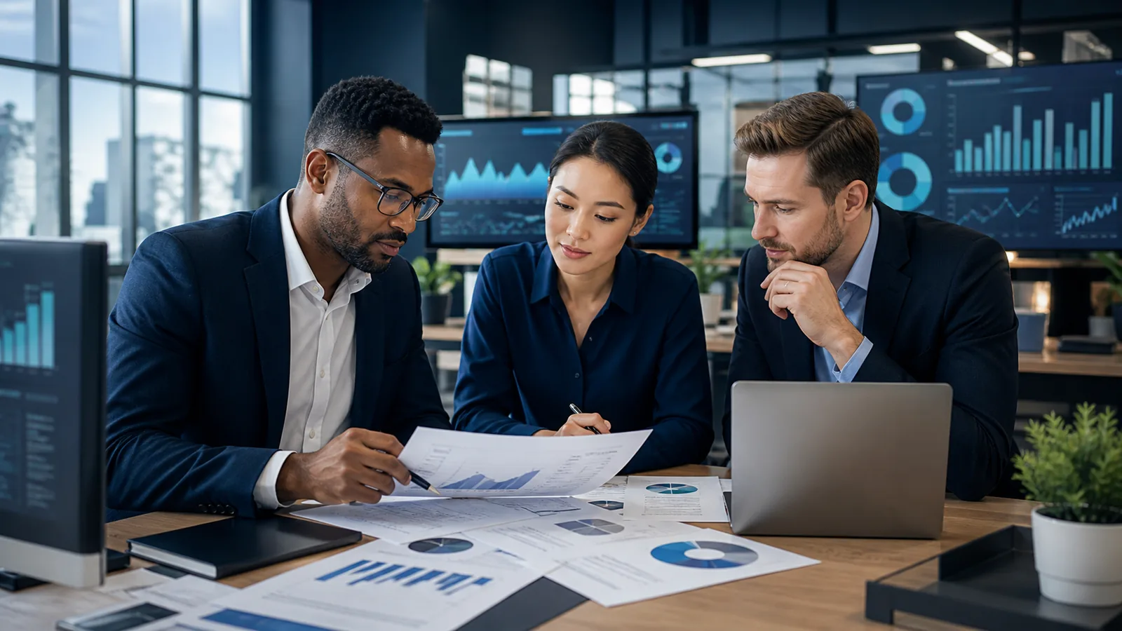 Finance office professionals reviewing reports and account data in a modern workplace