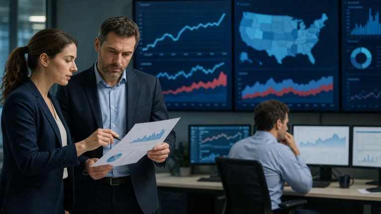 Workforce analysts reviewing the July 2026 U.S. jobs report in an office