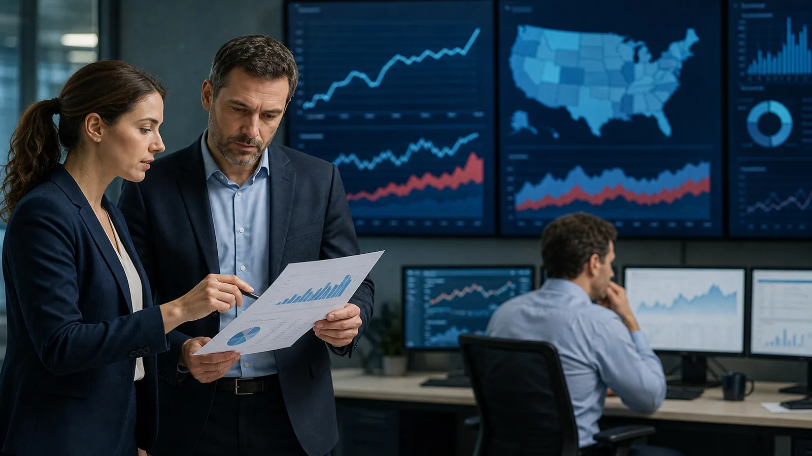 Workforce analysts reviewing the July 2026 U.S. jobs report in an office