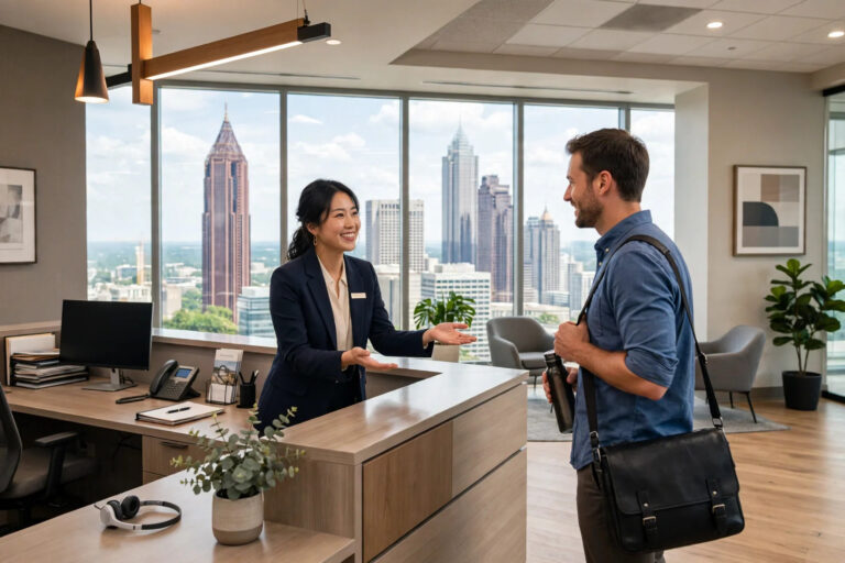 Administrative assistant welcoming a visitor at a front desk in an Atlanta office