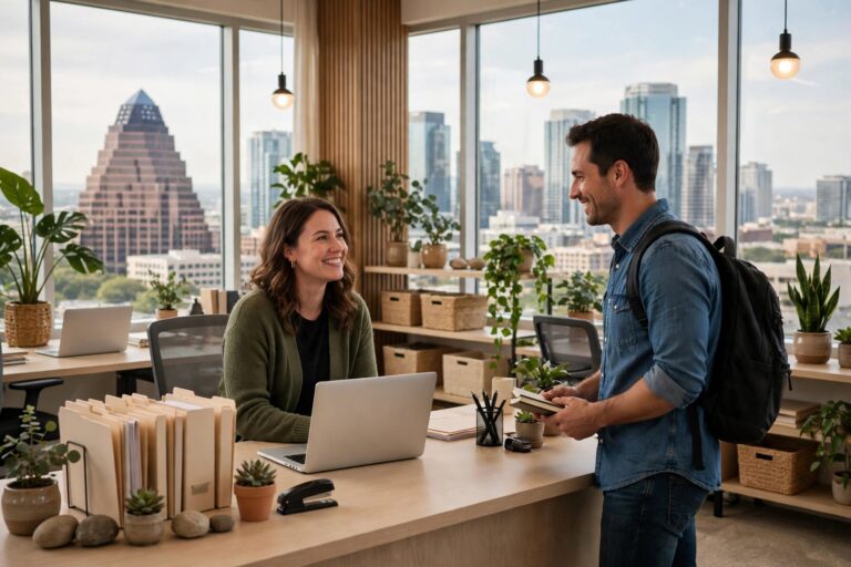 Office assistant welcoming a visitor at a front desk in an Austin office