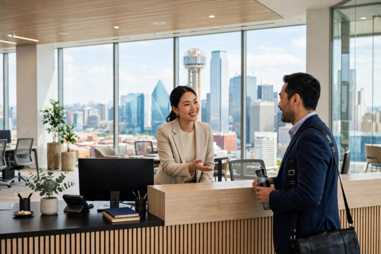 Office assistant welcoming a visitor at a front desk in a Dallas office