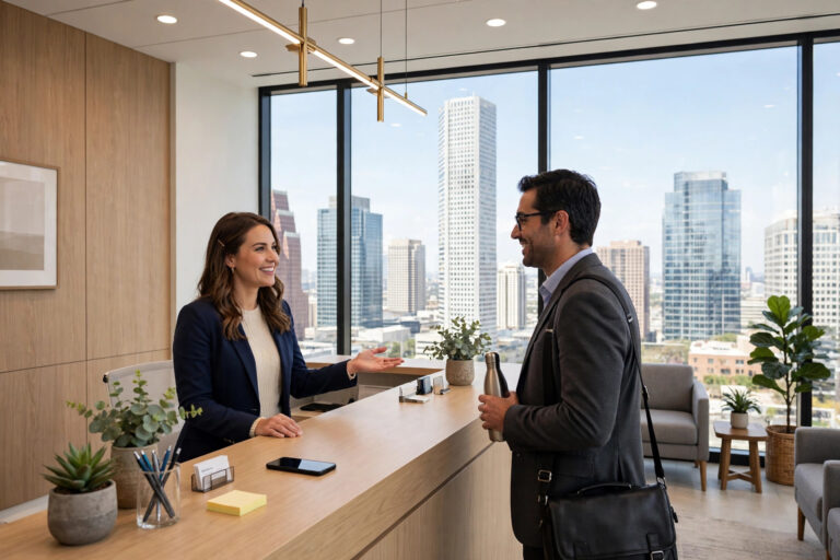 Office assistant welcoming a visitor at a front desk in a Houston office
